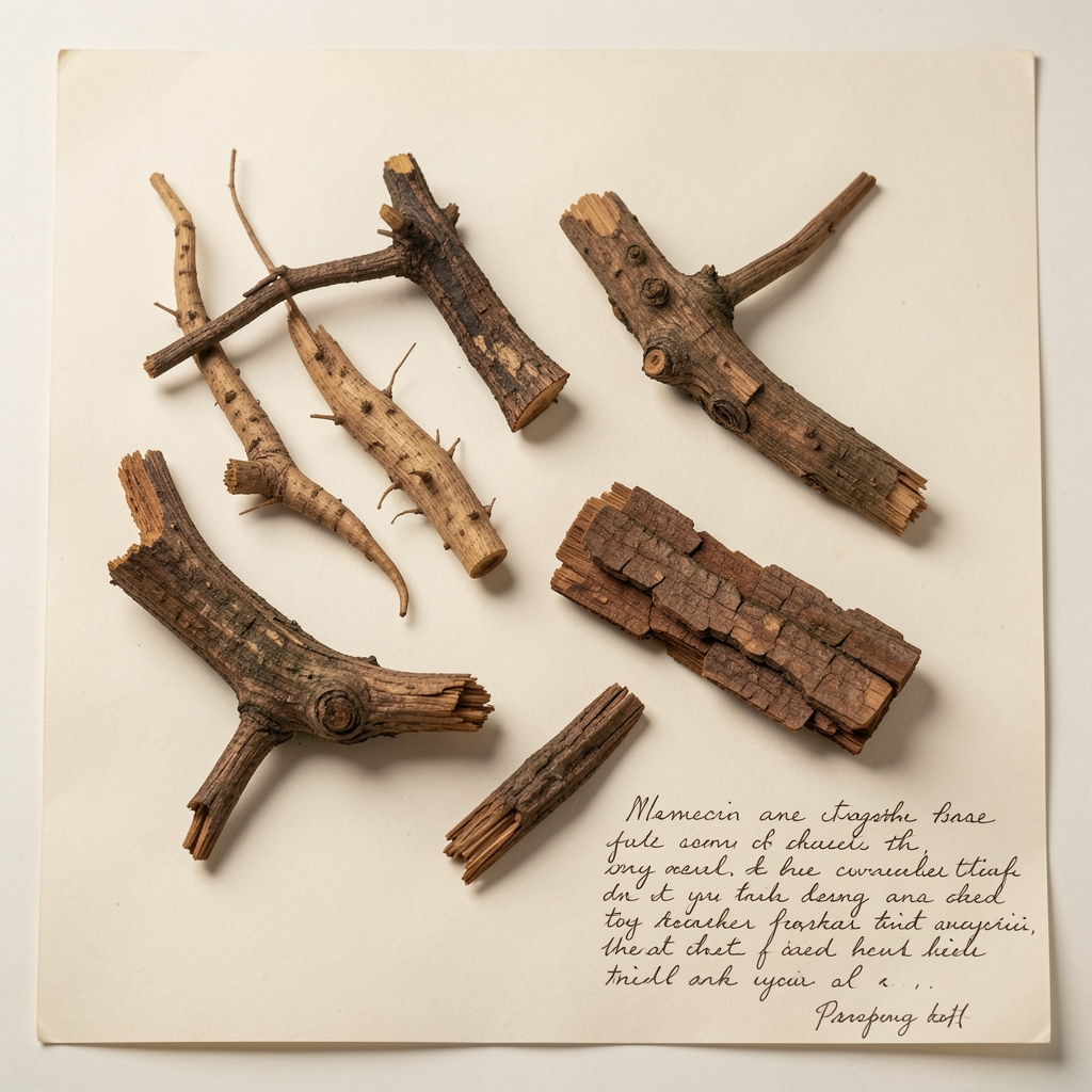 Dried botanical roots and bark specimens laid out on a cream-coloured archival paper with handwritten research notes