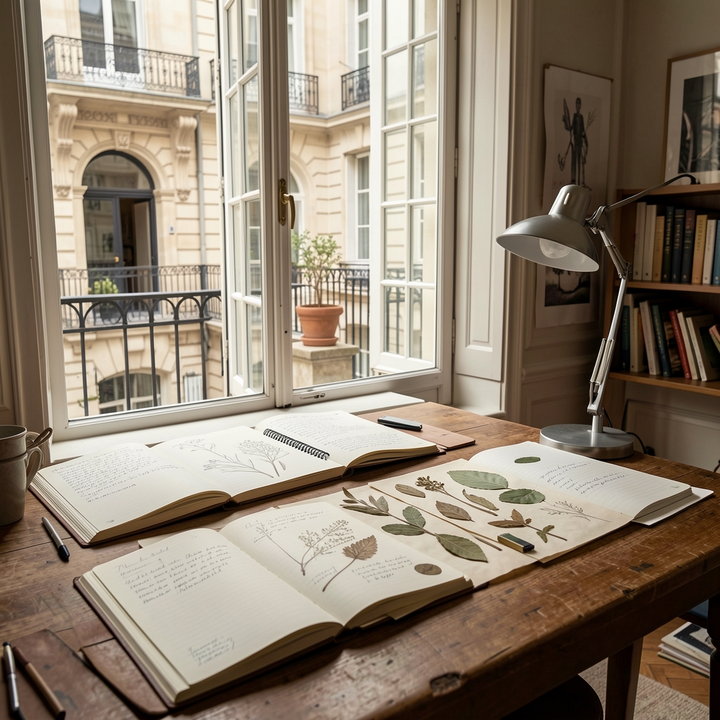 Paris editorial workspace with open research notebooks, pressed botanical specimens, and natural light from tall windows overlooking a courtyard