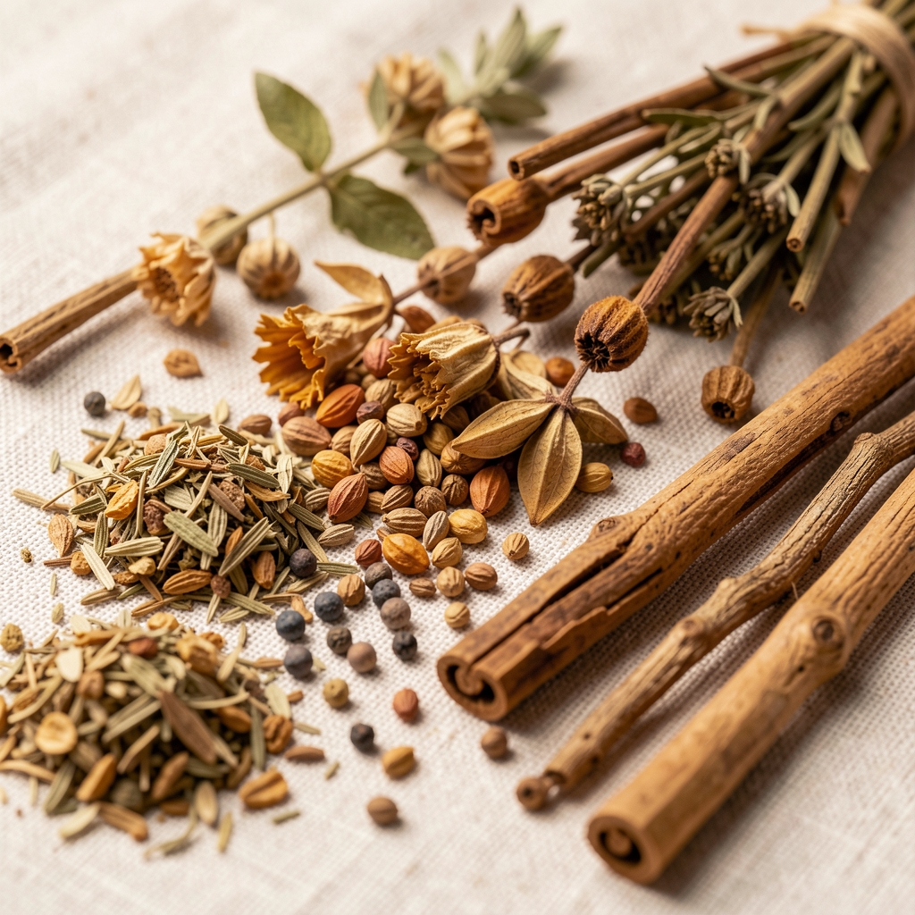 Close-up arrangement of dried botanical herbs, seeds, and roots on a pale linen surface with amber tones