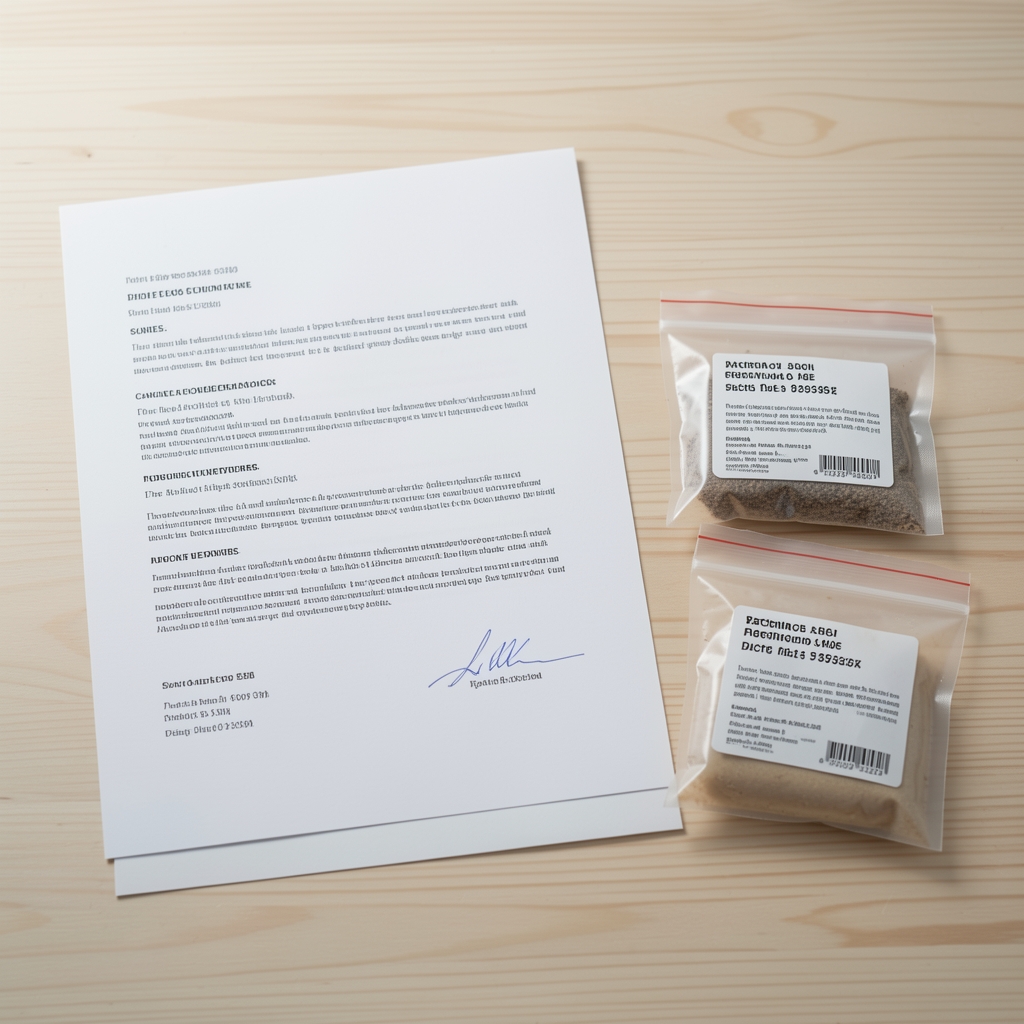 Quality-control environment with supplement batches laid out on stainless steel trays, each labelled with batch codes and composition certificates