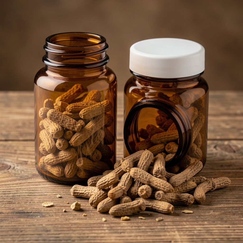 Amber glass supplement containers and loose dried ashwagandha root arranged on a wooden surface under studio lighting
