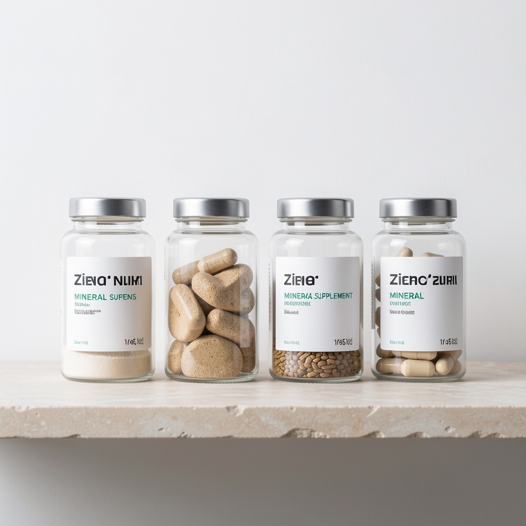 Clean glass bottles containing zinc and mineral supplements arranged symmetrically on a pale stone shelf with controlled white lighting