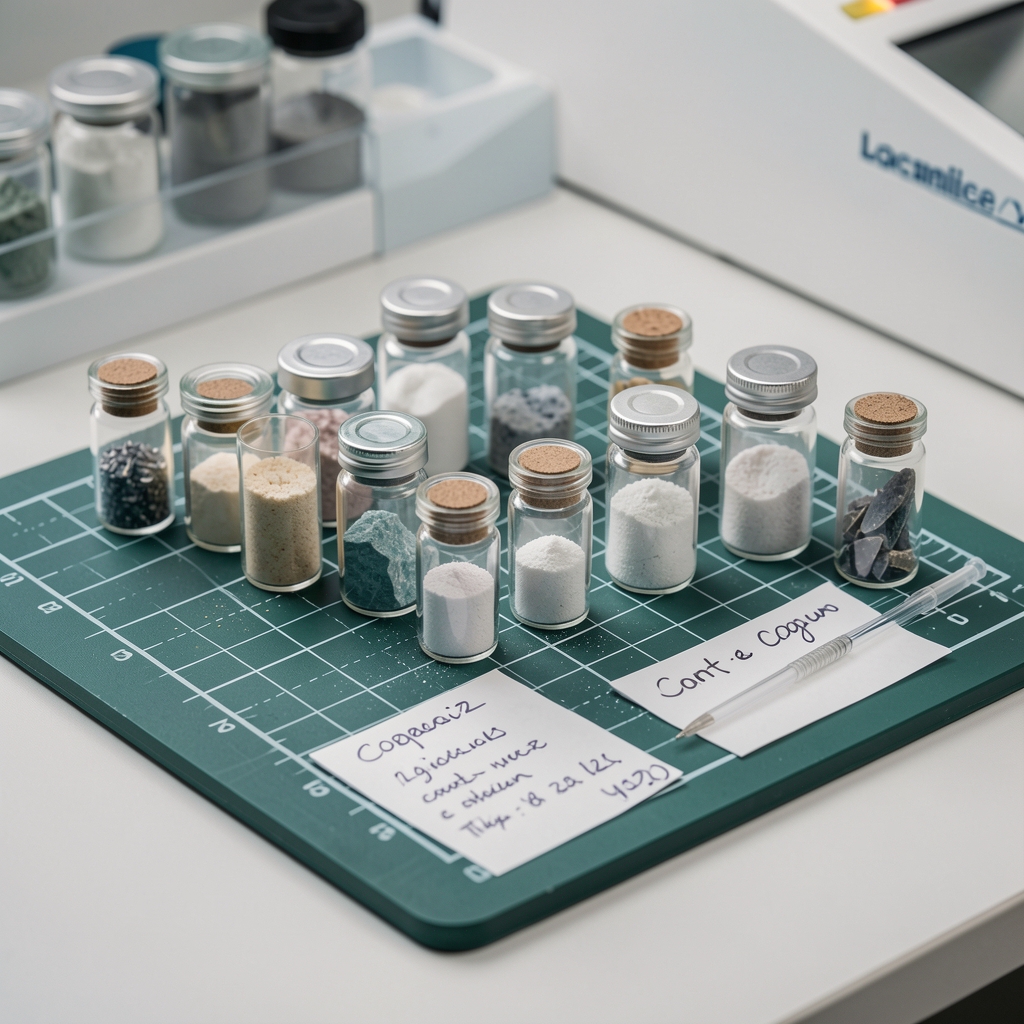 Magnesium mineral compound samples in small glass vials arranged on a laboratory-grade measurement mat with handwritten composition notes