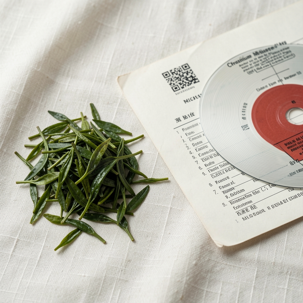 Green tea leaves and chromium mineral compound arranged on an off-white linen surface next to a composition record document
