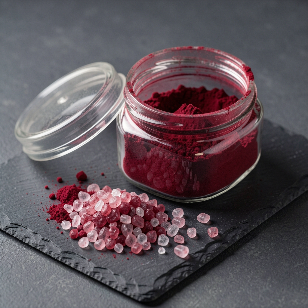 Deep red beetroot powder in an open glass jar next to CarnoSyn beta-alanine crystals on a dark slate surface with composition records