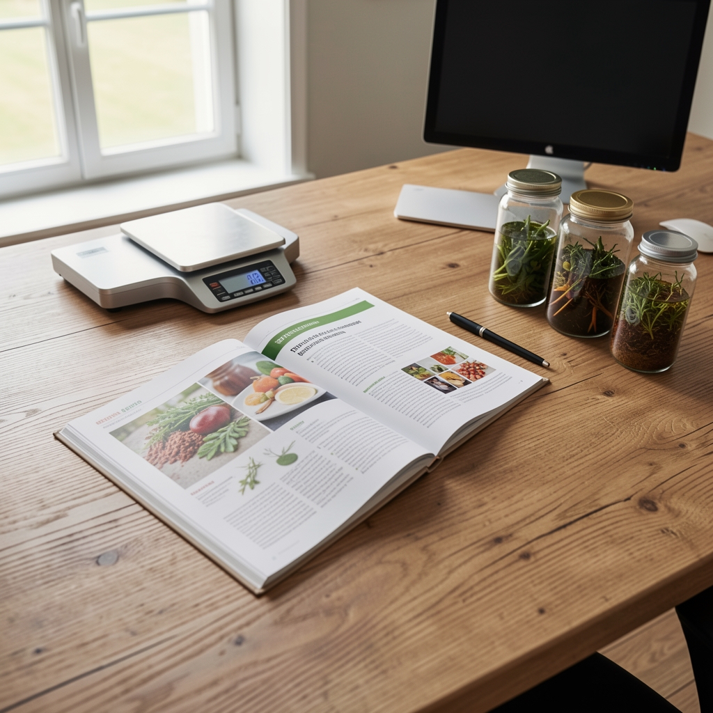 Editorial workspace overview showing a wide oak desk with open nutrition reference journals, a calibrated scale, and glass specimen jars containing plant extracts